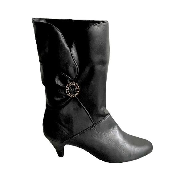 Leather Mid-Calf Sherpa Lined Heeled Boots Buckle Winter Black 10 - Picture 1 of 14